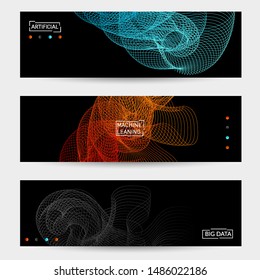 Vector abstract dynamic gradient waves, curvy line on black backgrounds. Modern web banner template with fluid blended curves and bright dots.