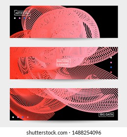 Vector abstract dynamic gradient waves, curvy line on black backgrounds. Modern web banner template with fluid blended curves and bright dots.