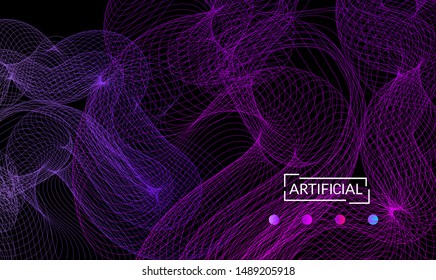 Vector abstract dynamic gradient waves, curvy line on black backgrounds. Modern web template or landing page with fluid blended curves and bright dots.