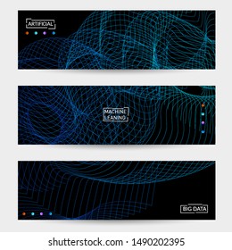 Vector abstract dynamic gradient waves, curvy line on black backgrounds. Modern web banner template with fluid blended curves and bright dots.