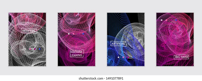 Vector abstract dynamic gradient waves, curvy line on black backgrounds. Modern flyer template with fluid blended curves and bright dots.