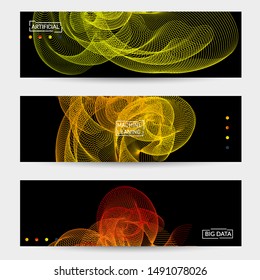 Vector abstract dynamic gradient waves, curvy line on black backgrounds. Modern web banner template with fluid blended curves and bright dots.