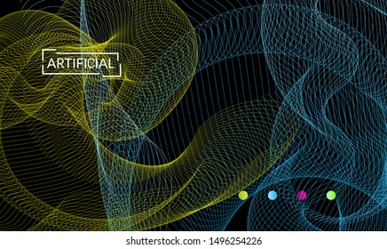 Vector abstract dynamic gradient waves, curvy line on black backgrounds. Modern web template or landing page with fluid blended curves and bright dots.