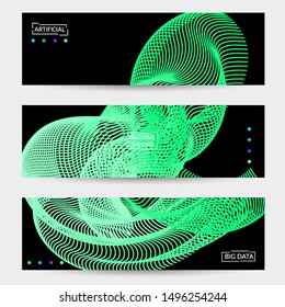 Vector abstract dynamic gradient waves, curvy line on black backgrounds. Modern web banner template with fluid blended curves and bright dots.