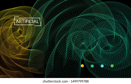 Vector abstract dynamic gradient waves, curvy line on black backgrounds. Modern web template or landing page with fluid blended curves and bright dots.