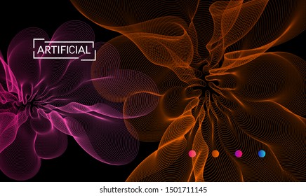 Vector abstract dynamic gradient waves, curvy line on black backgrounds. Modern web template or landing page with fluid blended curves and bright dots.