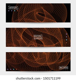 Vector abstract dynamic gradient waves, curvy line on black backgrounds. Modern web banner template with fluid blended curves and bright dots.