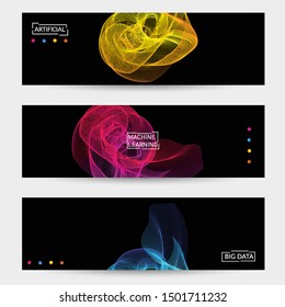 Vector abstract dynamic gradient waves, curvy line on black backgrounds. Modern web banner template with fluid blended curves and bright dots.
