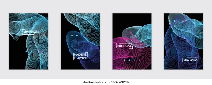 Vector abstract dynamic gradient waves, curvy line on black backgrounds. Modern flyer template with fluid blended curves and bright dots.