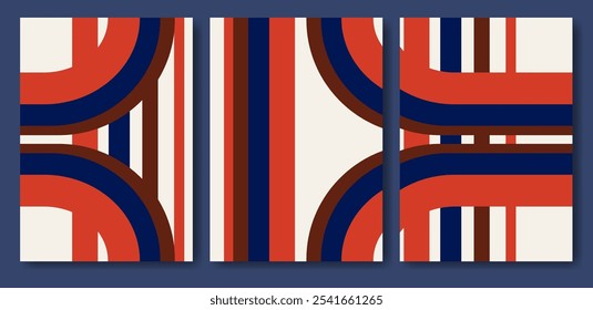 Vector abstract dynamic poster set. Artwork collection postmodern geometric shapes 50s retro style