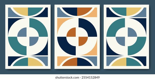 Vector abstract dynamic poster set. Artwork collection postmodern geometric shapes 50s retro style