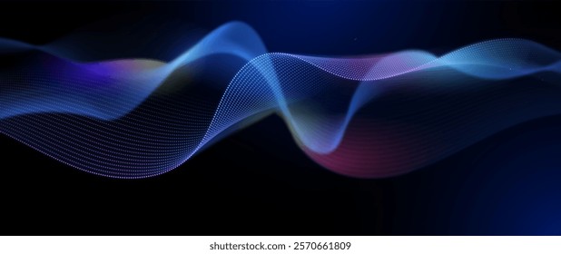 Vector abstract dynamic, wave - flow mesh particles pattern and dot on dark blue background. Illustration design futuristic, network technology background. Modern digital datum and science concept