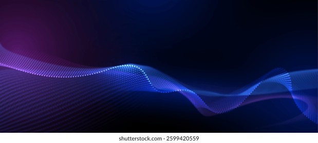 Vector abstract dynamic, wave - flow mesh particles pattern and dot on dark blue background. Illustration design futuristic, network technology background. Modern digital datum and science concept