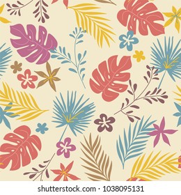 vector abstract eamless pattern with wild tropical plants and flowers