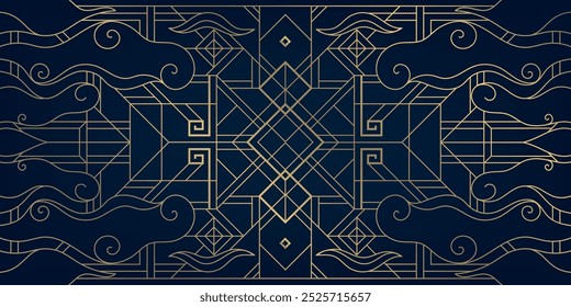 Vetor abstrato leste, fundo geométrico coreano com nuvens de linha. Ouro em ornamento azul, quadro com redemoinhos