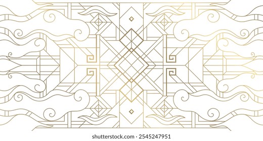 Vetor abstrato leste, fundo geométrico coreano com nuvens de linha. Ouro em ornamento branco, quadro com redemoinhos. Ornamento de ano novo chinês