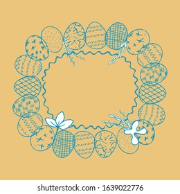 Vector abstract easter eggs. Holiday design elements for greeting cards arranged in a circle. Frame of Easter eggs and leaves for decoration cards.