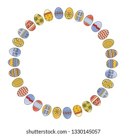 Vector abstract Easter eggs. Holidays Design Elements for Greeting Cards arranged in circle. Frame isolated on white.