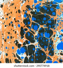 Vector abstract ebru background with bright orange, blue and dark color spots