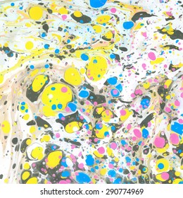 Vector abstract ebru background with bright yellow, blue and pink color spots