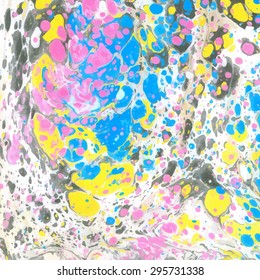 Vector abstract ebru background with bright yellow, blue and pink color spots
