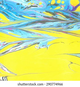 Vector abstract ebru bright yellow, blue and pink color background