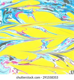 Vector abstract ebru bright yellow, blue and pink color background
