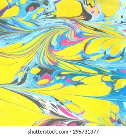 Vector abstract ebru bright yellow, blue and pink color background