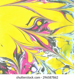 Vector abstract ebru bright yellow, blue and pink color background
