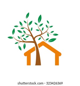 Vector abstract eco house. Tree inside home