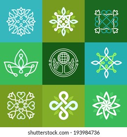 Vector abstract ecology symbols - outline emblems and green signs - logo design templates