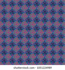 Vector abstract elegance seamless pattern with black, blue and violet flowers.