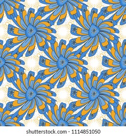 Vector abstract elegance seamless pattern with orange, blue and white flowers.