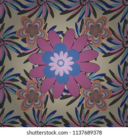 Vector abstract elegance seamless pattern with pink, blue and gray flowers.
