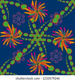 Vector abstract elegance seamless pattern with yellow, blue and green flowers.