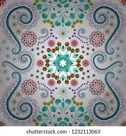 Vector abstract elegance seamless pattern with red, blue and white flowers.