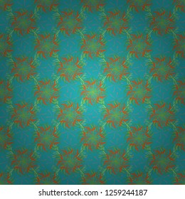 Vector abstract elegance seamless pattern with blue, orange and green flowers.