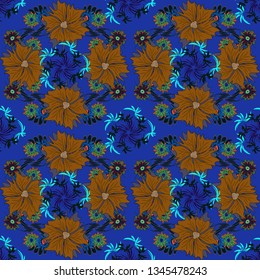 Vector abstract elegance seamless pattern with blue, black and brown flowers.