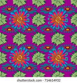 Vector abstract elegance seamless pattern with blue, neutral and purple flowers.