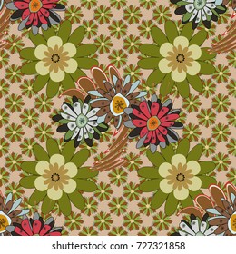 Vector abstract elegance seamless pattern with green, brown and beige flowers.
