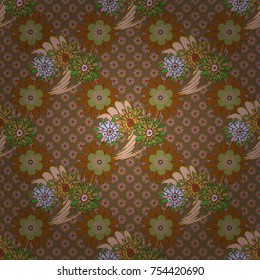 Vector abstract elegance seamless pattern with brown, green and magenta flowers.