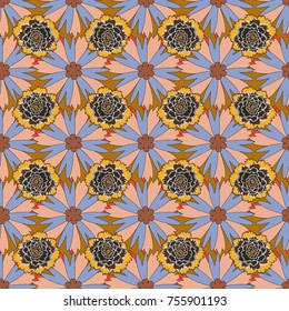 Vector abstract elegance seamless pattern with brown, blue and beige flowers.