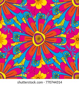 Vector abstract elegance seamless pattern with blue, yellow and magenta flowers.