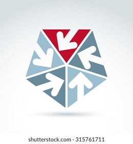 Vector abstract element with five multidirectional arrows placed in isosceles triangles,?? up, down, left, right. Conceptual design symbol