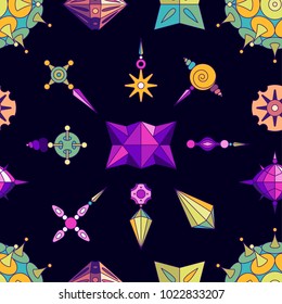 Vector abstract elements seamless pattern made with different geometric shapes constructor. Colored with vivid colors on dark violet background. 