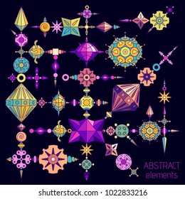 Vector abstract elements set made with different geometric shapes constructor. Colored with vivid colors on dark violet background. 