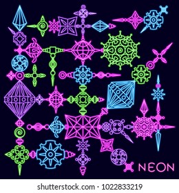 Vector abstract elements set made with different geometric shapes constructor. Neon glowing effect on dark violet background. 