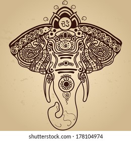 Vector Abstract Elephant In Indian Style Mehndi.Vector Henna