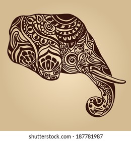 Vector Abstract Elephant In Indian Style Mehndi.Vector Henna