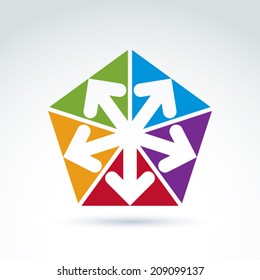 Vector abstract emblem with five multidirectional arrows placed in isosceles triangles up, down, left, right. Conceptual corporate symbol, colorful pentagon icon.